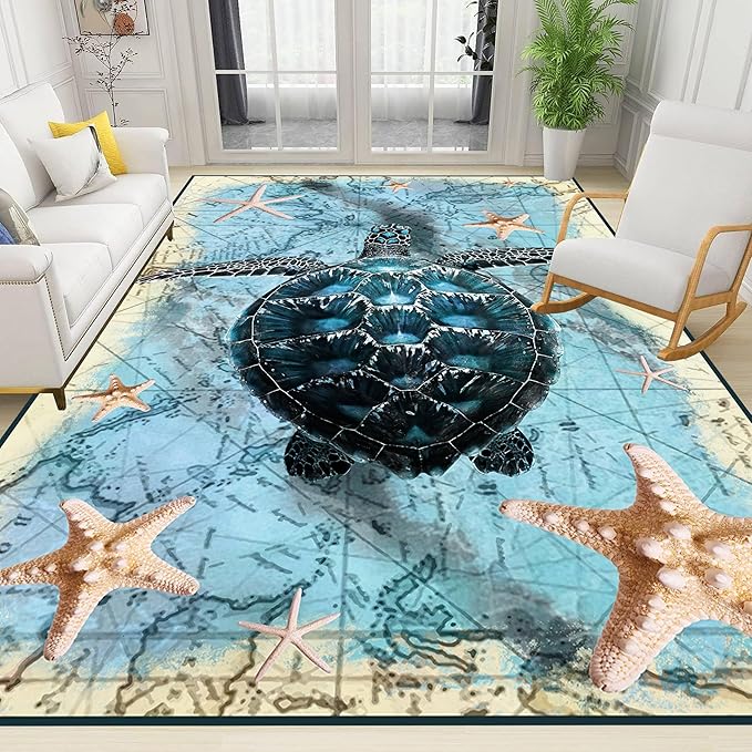 Nautical World Map Area Rug, 6x8ft, Coastal Sea Turtle Starfish Children's Rugs, Blue Ocean Themed Washable Dirty Resistant Mat, Soft Cozy Thin Easy Clean Mat for Floor Living Room