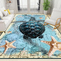 Nautical World Map Area Rug, 3x4ft, Coastal Sea Turtle Starfish Children's Rugs, Blue Ocean Themed Washable Dirty Resistant Mat, Soft Cozy Thin Easy Clean Mat for Floor Living Room