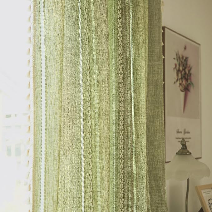 Deeprove Green Boho Curtains 96 Inches Long for Bedroom Dining Room Kitchen Closet, Bohemian Chic Textured Embroidery, Vintage Handmade Tassels Christmas Decor Drape, Rod Pocket, 1 Panel W52 x L96