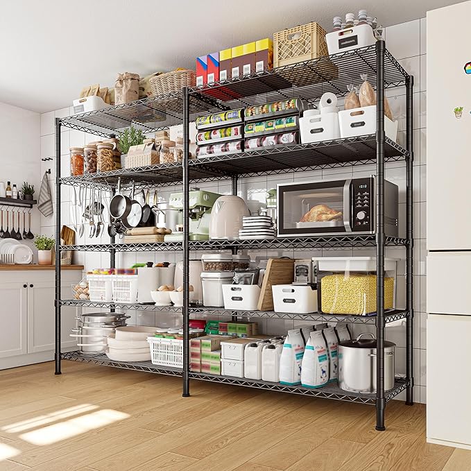 REIBII1450LBS Metal Shelving Unit Storage Shelves 5 Tier Wire Shelving 58.1''W Pantry Shelves Wire Shelf Adjustable Garage Shelving Heavy Duty Storage Rack for Pantry Kitchen Garage, Black，2 Pack