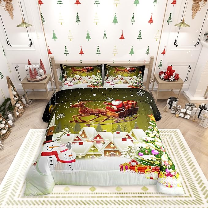 Manfei Christmas Comforter Set King Size, Xmas Tree Snowman Quilt Set with 2 Pillowcases, Santa Claus with Deer Bedding Set 3pcs for Kids Boys Girls Room Decor New Year Theme Duvet Insert