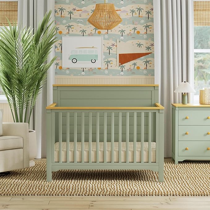 daVinci Shea 4-in-1 Baby Crib Convertible to Toddler Bed, Daybed, Full-Size Bed - FSC, GREENGUARD Gold Certified Wood Crib, Conversion Kits Sold Separately - 4 Adjustable Heights, Light Sage and Honey