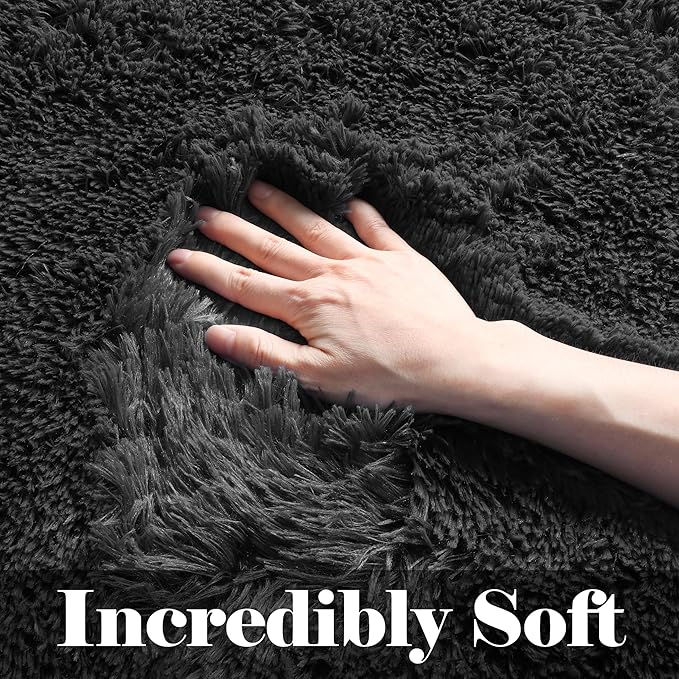 ONASAR Black Area Rugs for Bedroom Living Room, Fluffy Fuzzy Shaggy 4x6 Bedside Rug, Washable Soft Plush Modern Indoor Floor Carpet for Nursery Kids Girls Boys Teen Dorm Home Office Decor Aesthetic