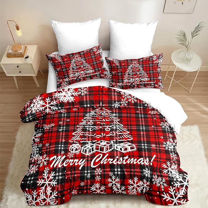 Christmas Duvet Cover Queen Size Black Red Gingham Xmas Bedding Set 3 Pcs Kids Boys Girls Christmas Tree Plaid Pattern Soft Comforter Cover with Zipper Closure (No Comforter)