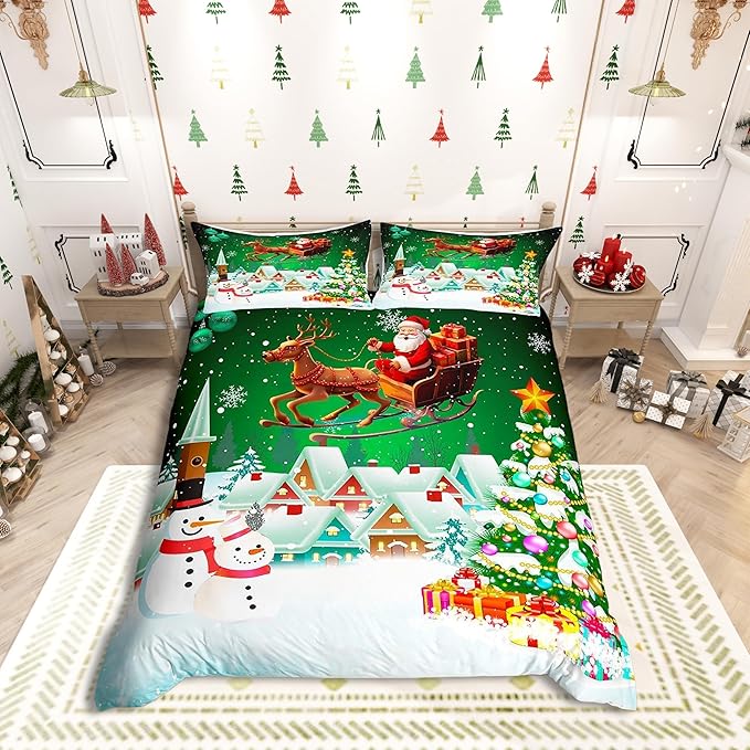 Manfei Christmas Duvet Cover Set Full Size, Snowman Xmas Tree Comforter Cover with 2 Pillowcases, Santa Claus with Deer Bedding Set for Kids Boys Girls New Year Theme Bedspread Cover, No Comforter