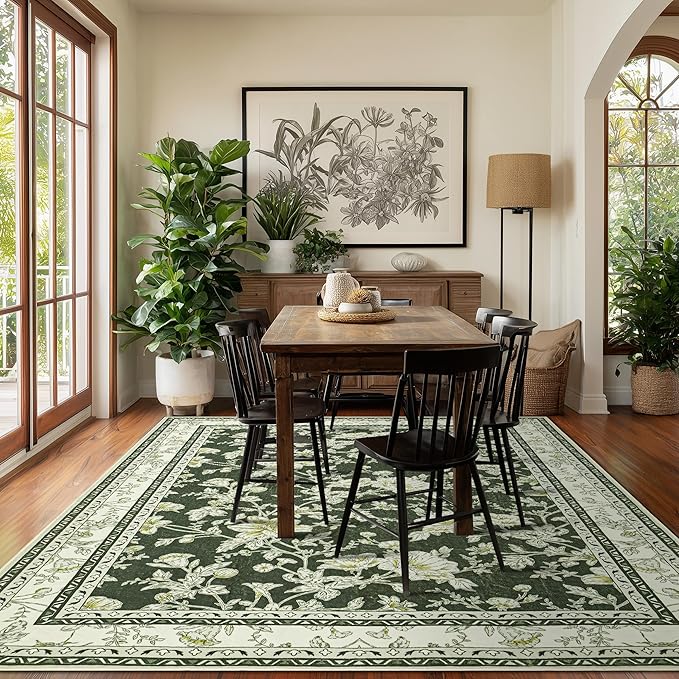 Olive Green Floral Print Area Rugs for Bedroom Living Room Boho Farmhouse Country Rustic Dining Room Carpet Soft Washable Rugs Non Slip Floor Covering for Nursery Playroom 10x14