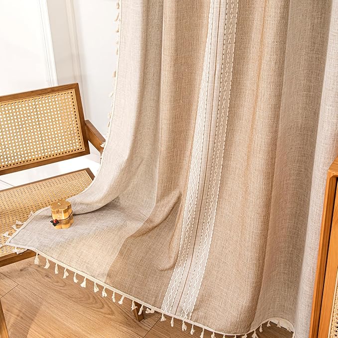 Deeprove Boho Curtains 84 Inches Long for Bedroom Living Room, Cotton Linen Stripes Embroidery Weighted, Bohemian Farmhouse Window Treatment Drape Tassels, 1 Panel W52 x L84, Khaki and Coffee