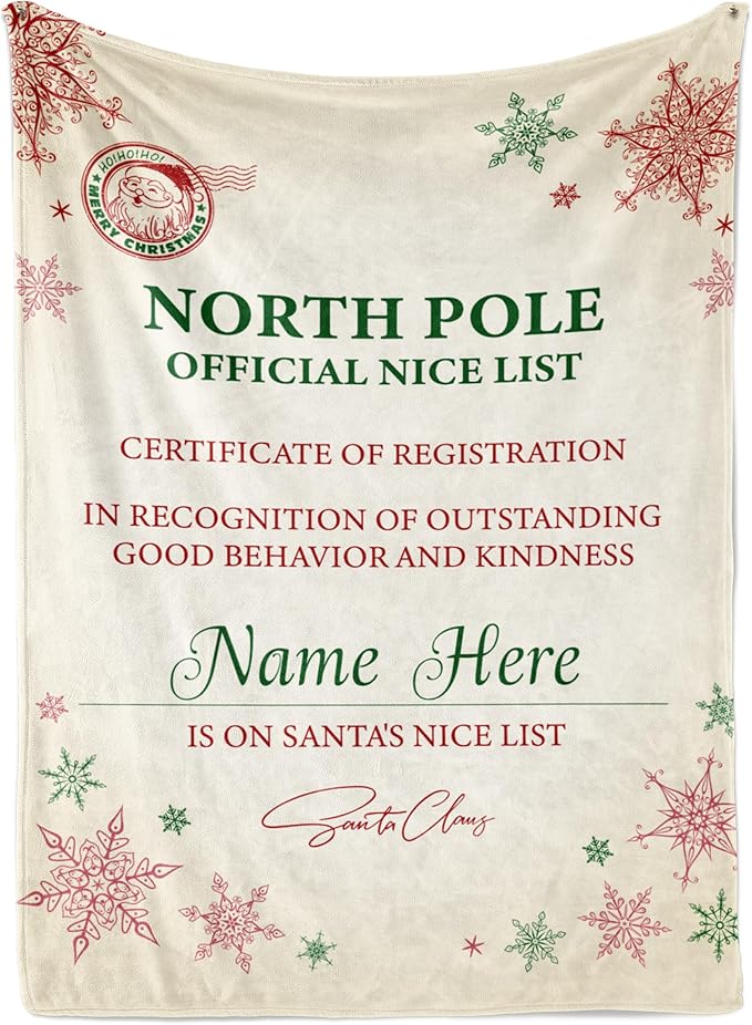 Personalized Christmas Blanket, Santa’s Nice List - Ships Next Day, Printed in USA - Warm Fleece or Sherpa Sofa Throw, Cute Holiday Décor - Customizable Family Throws (Fleece 50x60)