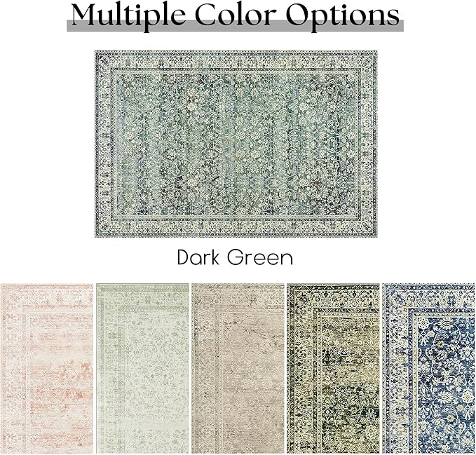 6x9 Area Rugs Washable Rugs for Bedroom,Faux Wool Moody Floral Boho Vintage Oriental Indoor Carpet for Living Room,Hunter Forest Green