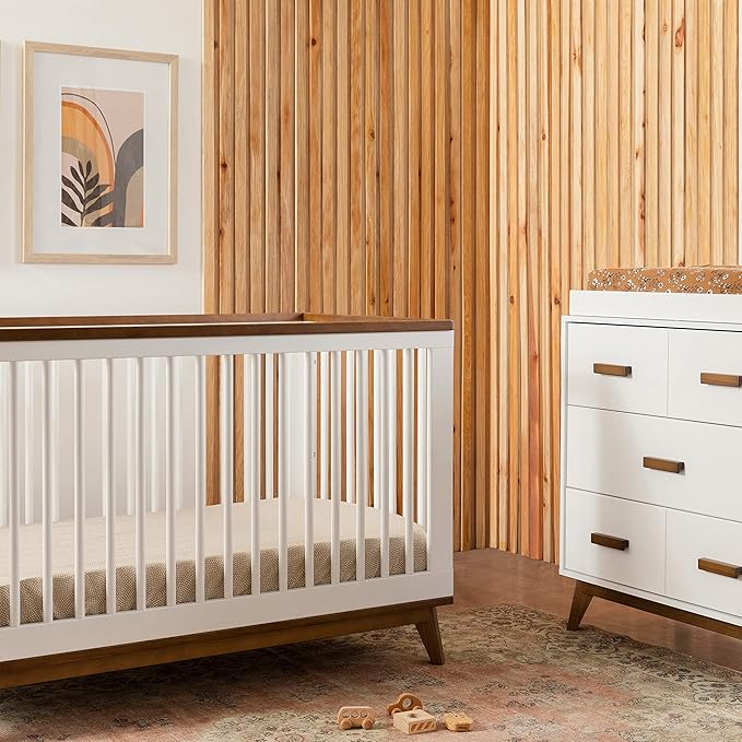 Babyletto Scoot 3-in-1 Baby Crib Convertible to Wooden Toddler Bed, Daybed - GREENGUARD Gold Certified - Easy Assembly, Made of 100% Solid Wood - Includes Toddler Conversion Kit - White/Natural Walnut