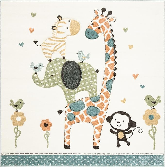 SAFAVIEH Carousel Kids Collection Area Rug - 3' Square, Ivory, Animal Design, Non-Shedding & Easy Care, Ideal for High Traffic Areas for Boys & Girls in Playroom, Nursery, Bedroom (CRK120A)