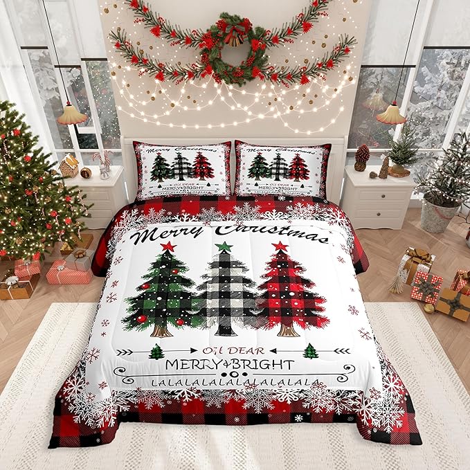 Christmas Comforter Set Queen Size, Red Plaid Xmas Trees Bedding Set 3pcs , Winter Snowflake New Year Reversible Down Comforter for All Season, Kids Boys Girls Room Decor, 2 Pillowcases, No Sheets