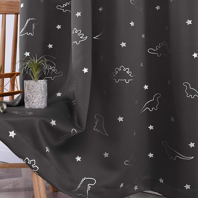 LORDTEX Dinosaur and Star Foil Print Blackout Curtains for Kids Room - Thermal Insulated Curtains Noise Reducing Window Drapes for Boys and Girls Bedroom, 42 x 63 Inch, Grey, Set of 2 Panels