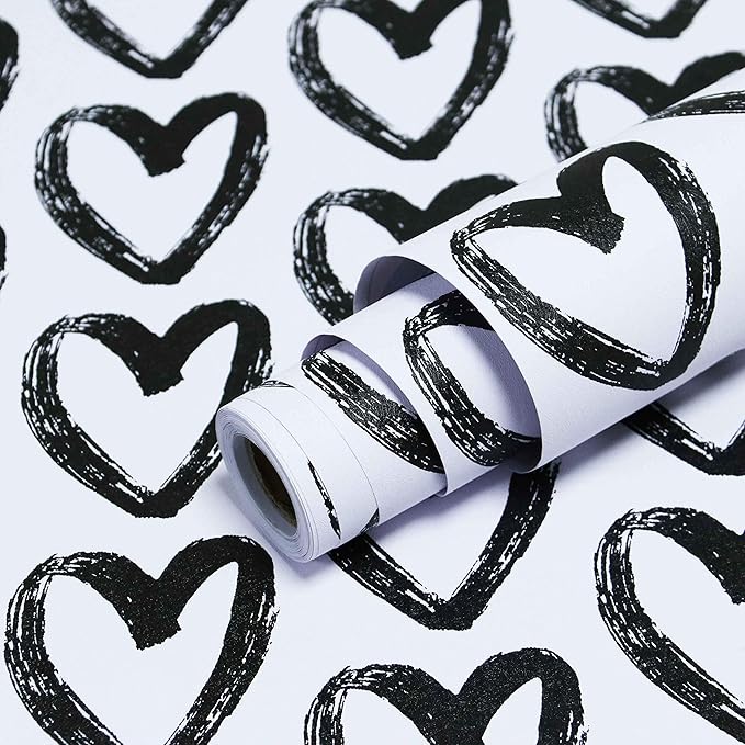 Timeet Modern Black White Wallpaper Peel and Stick Wallpaper Heart Contact Paper Vinyl Self Adhesive Wall Paper for Kids Room Bedroom Laundry Decoration Vinyl Roll 17.7"x394"