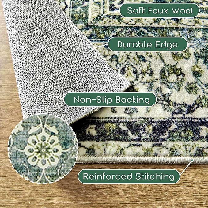 9x12 Area Rugs Washable Rug for Living Room Big Bedroom Under Bed,Faux Wool Soft No Slip Floral Boho Vintage Extra Large Carpet for Dining Room Under Table,9 by 12,Emerald Dark Green