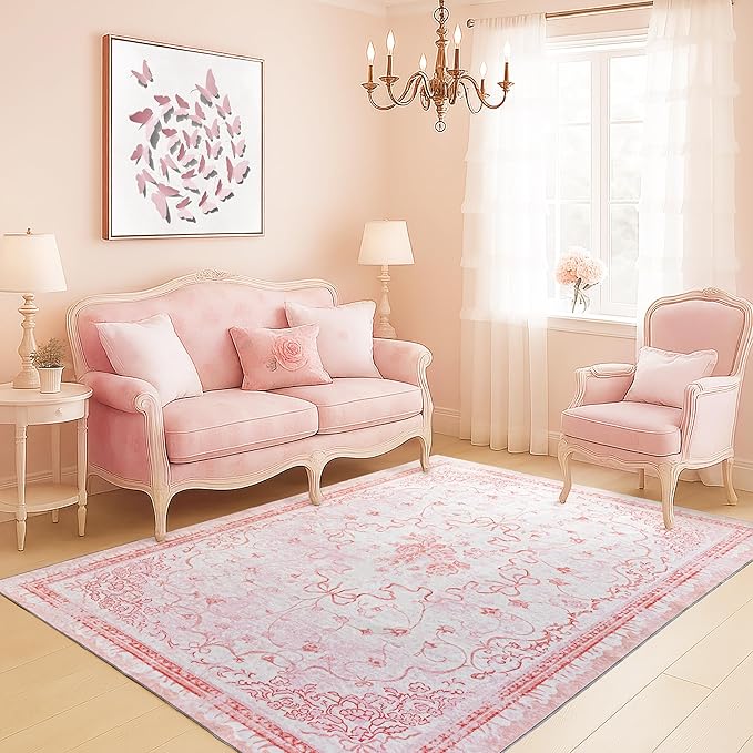 Pink Rug for Nursery Girl Bedroom 5x8 - Cute Bow Coquette Room Decor for Teen Girls Aesthetic,Washable Light Pink and White Cottage Core Floral Scalloped Rug for Dorm Room College Students Playroom