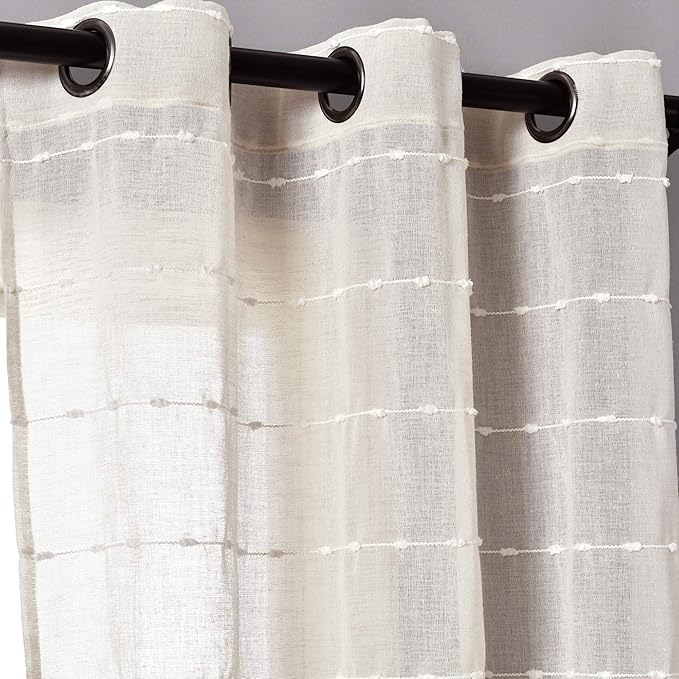 Lush Decor Farmhouse Textured Grommet Sheer Window Curtain Panel Pair, 38"W x 84"L, Beige