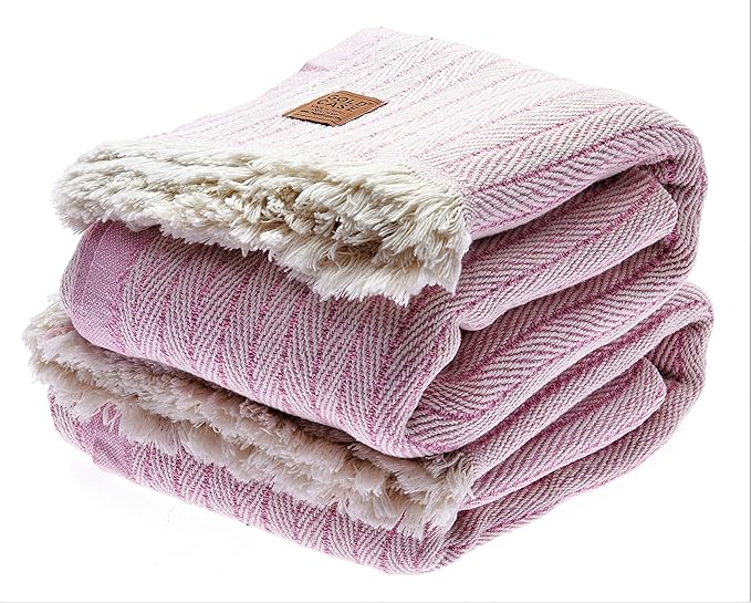 Gold Case Throw Blanket for Couch - 100% Recycled Turkish Cotton Blankets & Throws - Vintage Soft Throw Blankets for Living Room - Boho Decorative Woven Couch Blanket - 50x60 - Pink (Set of 2)