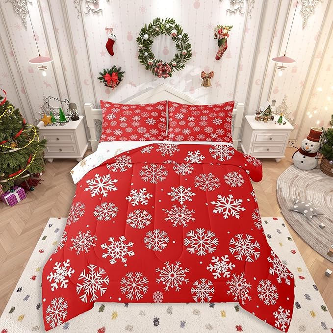 Feelyou Christmas Comforter Set All Season Winter Snowflake Bedding Set with 2 Pillow Cases Xmas Festival Microfiber Kids Queen Bedclothes Snowflake Red Bedroom Decor Duvet Quilt Breathable Soft