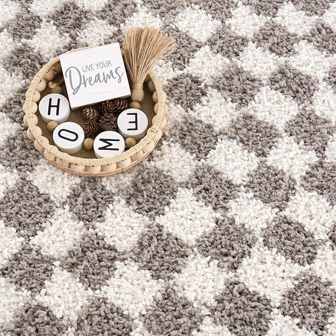 Hauteloom Kieu Contemporary Checkered Fluffy Shag Area Rug - Modern Geometric Soft Carpet Tiles for Living Room, Kids Room, Nursery - Gray, Light Grey, White - 7'10" x 10'