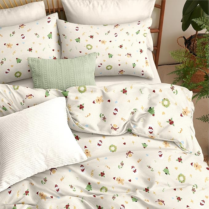 Christmas Duvet Cover King Size Gingham Red Bow Christmas Tree Bedding Set Kids Boys Girls Plaid Heart Xmas Holiday Reversible Comforter Cover 3 Pieces with Zipper Closure (No Comforter)