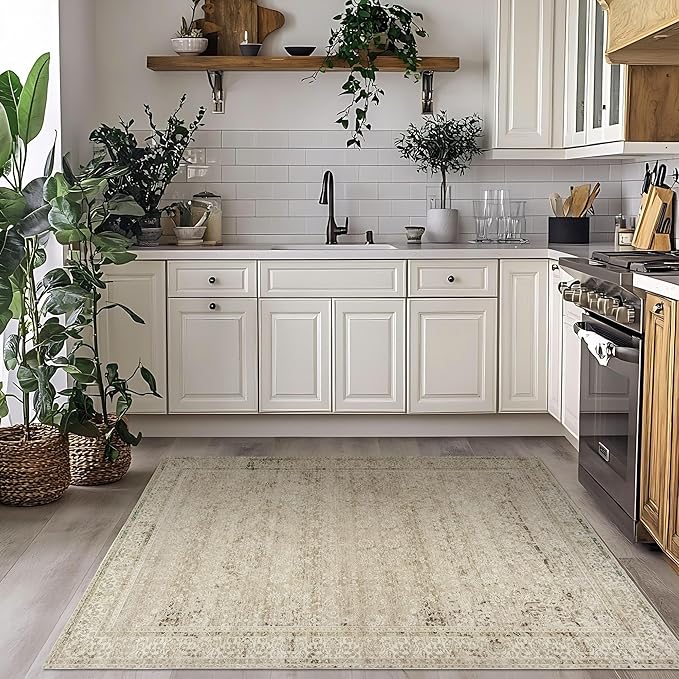 3x5 Small Entryway Area Rug Indoor for Front Door Entry Way,Washable Non Slip Ultra Thin Modern Farmhouse Neutral Boho Door Mat Entrance,Tan Brown and Cream Beige