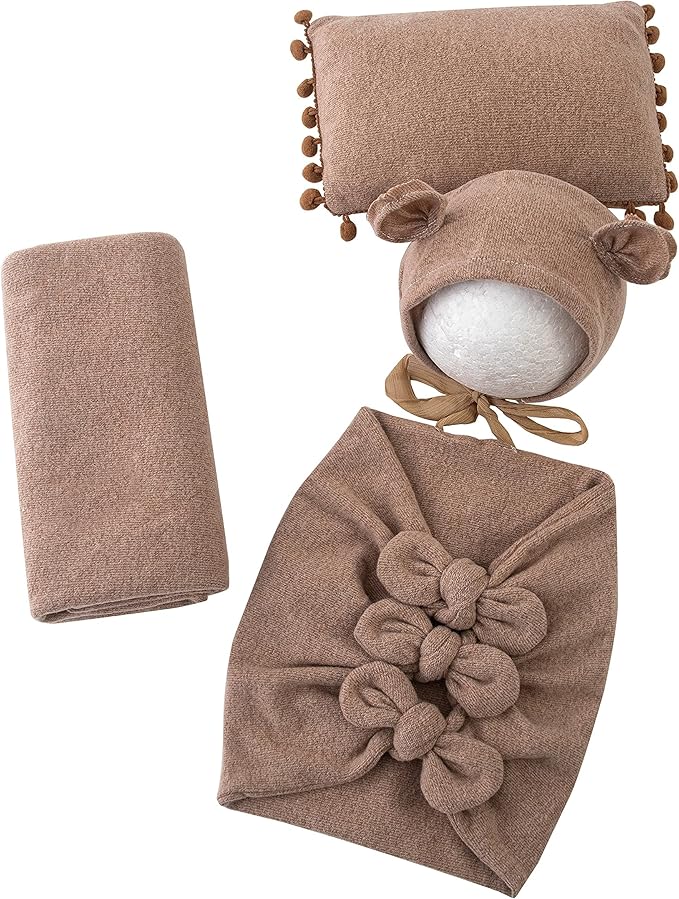 Vemonllas Newborn Baby Boy Girl Photography Props Bow Wrap, Posing Aid, Hat and Blanket Set of 4 Pcs
