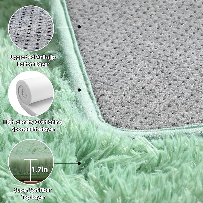 ONASAR Sage Green Rugs for Living Room Bedroom, 5x8 Washable Fluffy Bedside Area Rug, Soft Plush Shaggy Indoor Floor Carpet for Nursery Kids Girls Boys Teen Dorm Home Office Decor Aesthetic