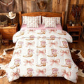 7 Pieces Western Cowgirl Comforter Set King,Pink Bowknot Cowgirl Boots Rustic Farmhouse Bedding Set,Bow Tie Geometric Patchwork Golden（Comforter+Fitted+Flat Sheet+2 Pillowcases+2 Throw Pillow Covers）