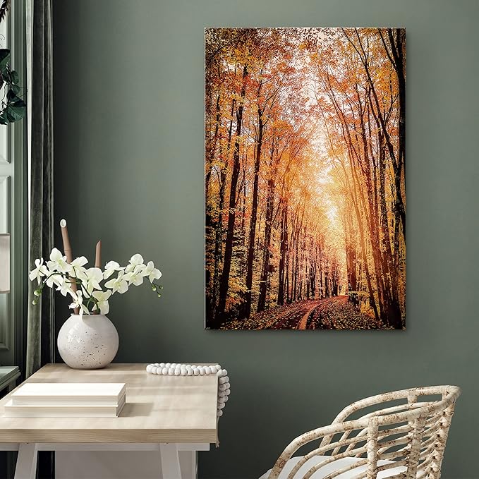 SIGNWIN Canvas Print Wall Art Rustic Trail Red Autumn Forest Nature Wilderness Photography Modern Art Farmhouse/Country Landscape Colorful Multicolor Ultra for Living Room, Bedroom, Office - 24x36