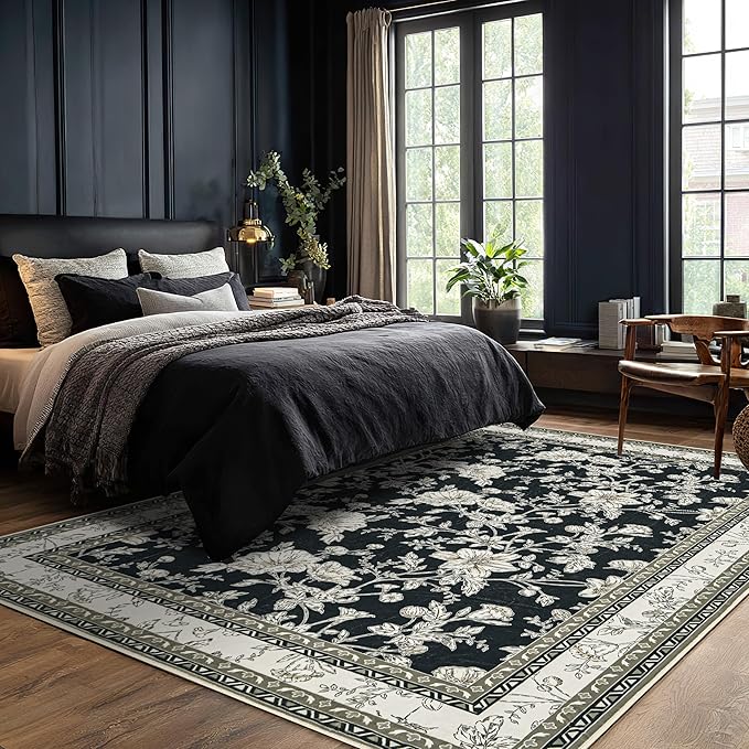 Black Floral Area Rugs 6x9 Living Room, Black with Cream Beige Taupe Flower Design Low-Pile Washable Rugs for Bedroom Dining Room, Vintage Modern Farmhouse Boho Indoor Floor Carpet Kids Playroom