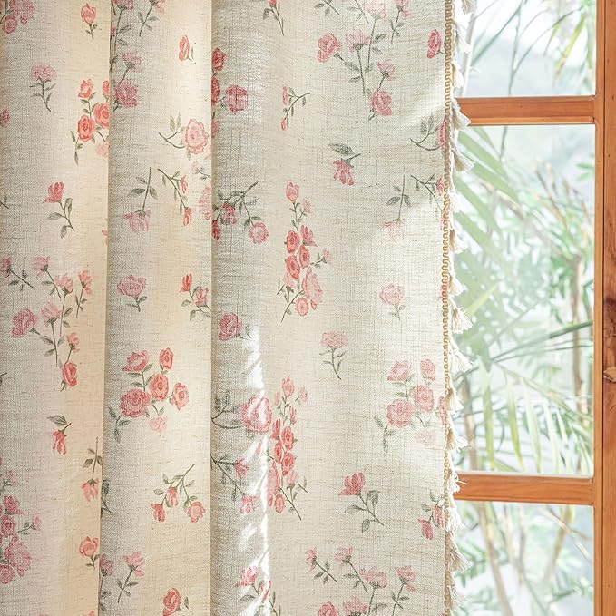 ENJOYBRIDAL Pink Floral 63 Inch Curtains 2 Panel Set Boho Tassel Drapes Short Farmhouse Rod Pocket Semi Sheer Window Curtains Bedroom Living Room Rustic Dining Room Aesthetic Decor Window Treatments