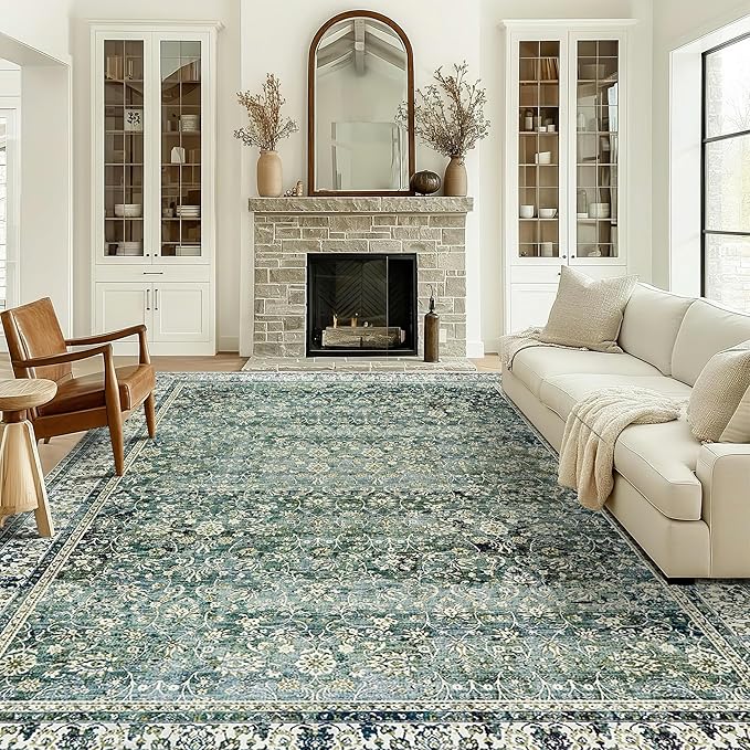 9x12 Area Rugs Washable Rug for Living Room Big Bedroom Under Bed,Faux Wool Soft No Slip Floral Boho Vintage Extra Large Carpet for Dining Room Under Table,9 by 12,Emerald Dark Green