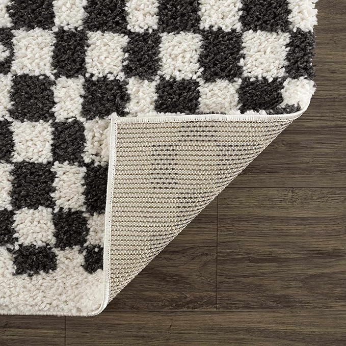Hauteloom Kieu Contemporary Checkered Fluffy Shag Area Rug - Modern Geometric Soft Carpet Tiles for Living Room, Kids Room, Nursery - Black, White - 8'10" x 12'