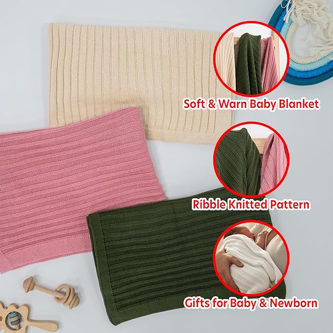Baby Knit Blanket, 100% Cotton Ribble Patterns, Soft, Cozy, Lightweight Swaddle for Newborn & Infant Swaddling Beige Neutral, Perfect Baby Shower Ideas White 30x40