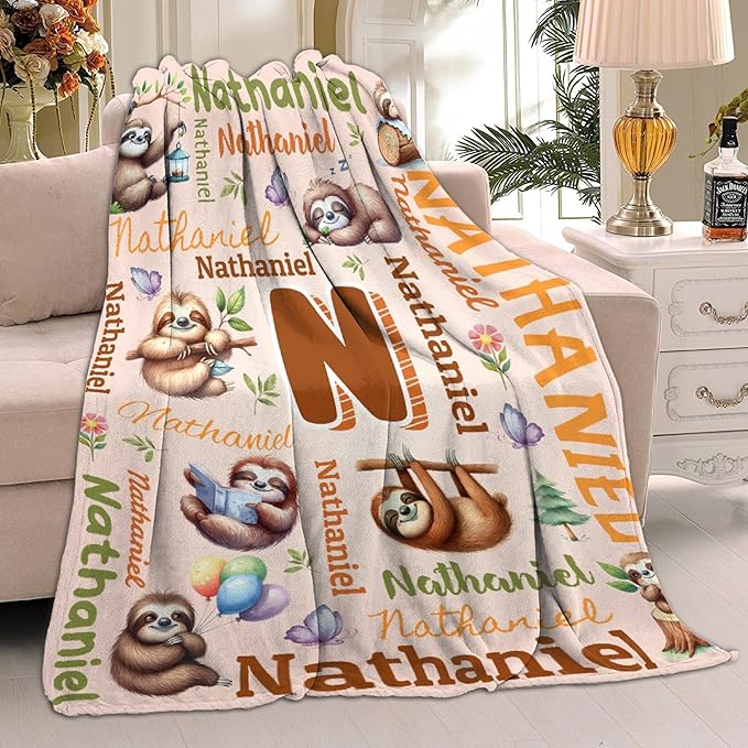 Personalized Custom Sloth Blanket Gifts for Kids Boys Girls with Name - Customized Sloth Super Soft Lightweight Flannel Sheets Decor for Crib Nap Couch - 90"x120" for Whole Family