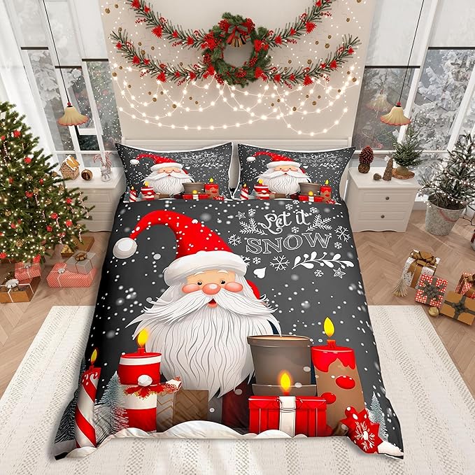 Christmas Duvet Cover Set Queen Size Santa Claus with Candles and Gift Boxes Print Bedding Set 3pcs for Kids Boys New Year Theme Comforter Cover Winter Snow Quilt Cover with 2 Pillowcases,No Comforter