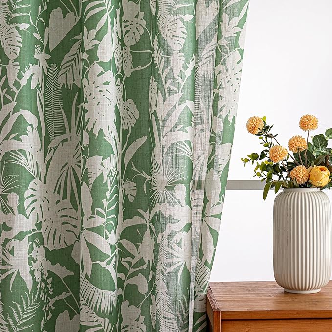 MYSKY HOME Linen Tropical Curtains 63 Inch Length Semi Sheer Curtains Pattern Decorative Window Treatment Drapes Privacy with Light Through for Kitchen/Nursery/Bathroom, 52" Wide, Green, 2 Panels