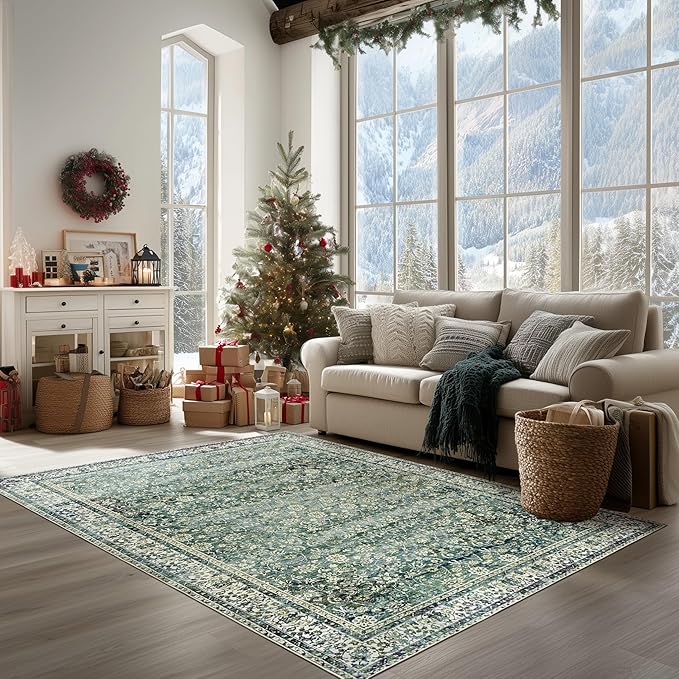 Dark Green Rug for Bedroom Neutral Boho Farmhouse Floral Washable Soft Faux Wool No Slip Area Rugs for Living Room Home Office,5x8