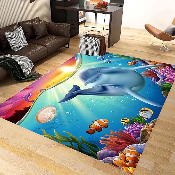 Blue Dolphin Area Rug for Bedroom, 8x10ft, Undersea Ocean Animal Print Indoor Carpet, Beach Tropical Fish Home Decor Playing Mat, Low Pile Breathable Non Shedding Rugs for Kids Room