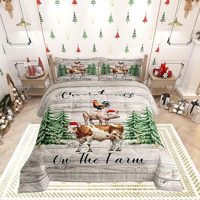 Castle Fairy Xmas Pine Trees Snowflake 3 Pcs Queen Size Comforter Set,Cartoon Cow Chicken Pig Down Alternative Adults Room Decor,Christmas Farmhouse Ultra Soft Microfiber Inner Fill 3Pcs Bedding