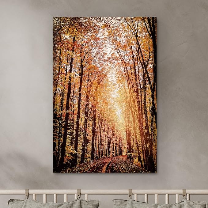SIGNWIN Canvas Print Wall Art Rustic Trail Red Autumn Forest Nature Wilderness Photography Modern Art Farmhouse/Country Landscape Colorful Multicolor Ultra for Living Room, Bedroom, Office - 32x48