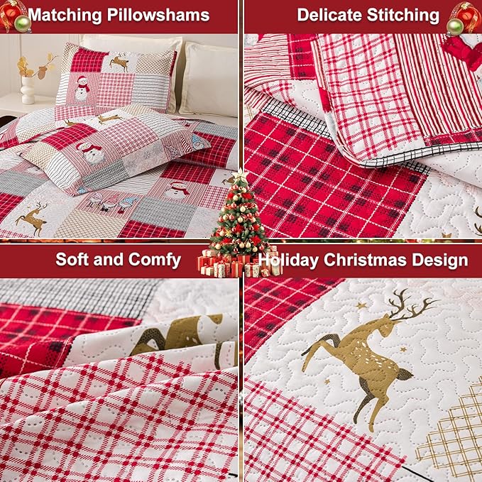 Jessy Home Christmas Bedding Set Queen Christmas Quilt Bedspread Pink Gnome Santa Claus Plaid Patchwork Xmas Quilt Bedding Decor Winter Snowman Elk Lightweight Reversible Bedspread Coverlet