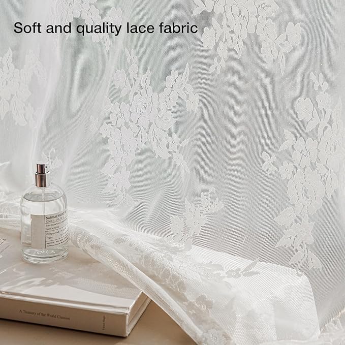 Anmao Vintage Lace Kitchen Curtains 18 Inches Long 2 Panels, Romantic Semi Sheer Floral Over Sink Lacy Cafe Curtain, Elegant Window Short Small Drapes, 55W x 18L, White Rose