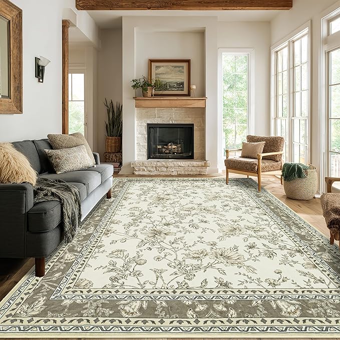 Extra Large Beige Taupe Area Rug for Living Room 10x14, Floral Dining Room Rugs for Under Table, Washable Soft Non Slip Low Pile Carpet for Large Bedroom Light Tan Khaki Floral Design 10 x 14
