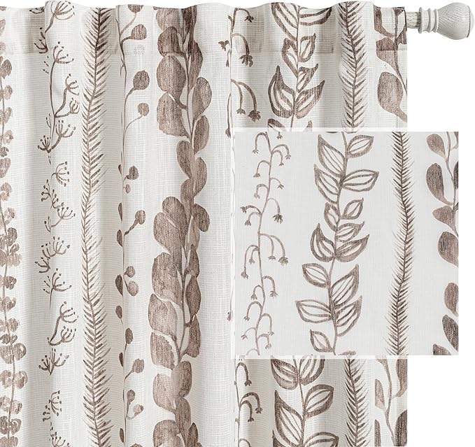 MEETSKY Boho Curtains for Bedroom Linen Style Boho Curtains 84 Inches Long 2 Panels Brown Semi Sheer Privacy Protection Drapes for Living Room Printed Window Treatment, 50x84 Inch