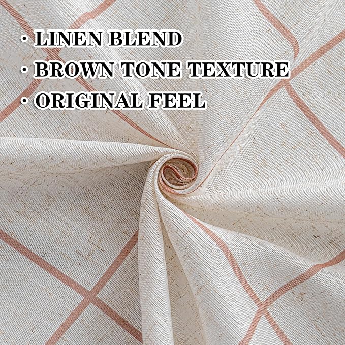MYSKY HOME 100% Blackout Plaid Linen Curtains 95 Inches Long Double Layer Farmhouse Thermal Insulated Checkered Patterned Drapes Rod Pocket Back Tab for Living Room Dining Room, 2 Pcs, 52" Wide, Tan