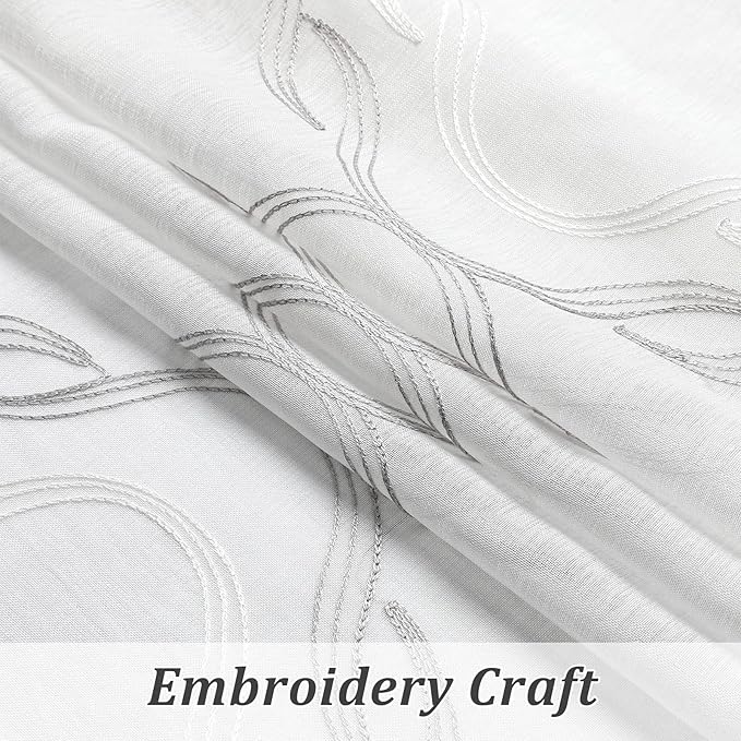 VISIONTEX Sheer Curtains 84 Inches Long 2 Panels Set, Grey and Ivory Two Tone Textured Moroccan Embroidery Geometric Rod Pocket Ivory Voile Tulle Semi Window Treatment Pair for Bedroom, W54 x L84