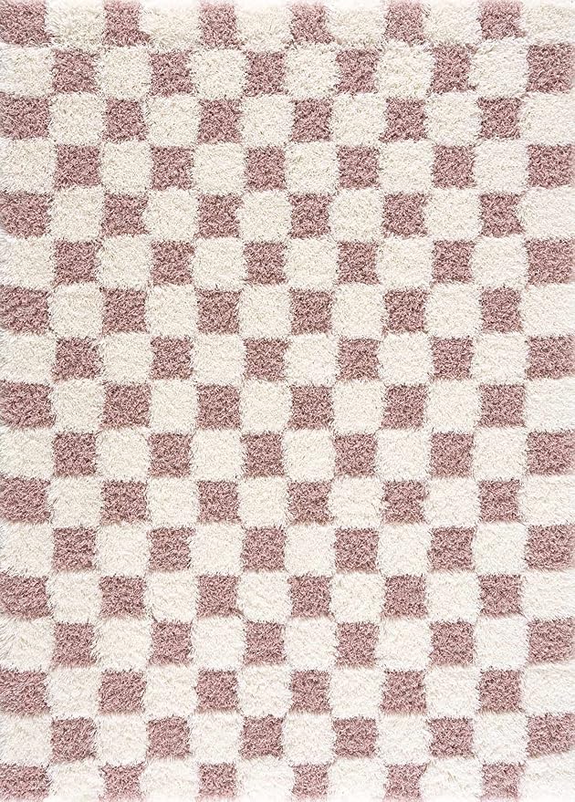 BoutiqueRugs Atira Pink Checkered Shag Area Rug - Cream, Rose Gold - 8'10" x 12'
