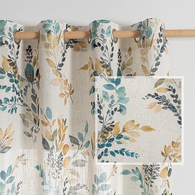 MYSKY HOME Linen Sheer Curtains for Living Room Leaf Patterned Semi Vertical Drapes Decor Farmhouse Style Texture for Dining Room Light Soften Privacy, Yellow and Blue, W52 x L90, Pack-2